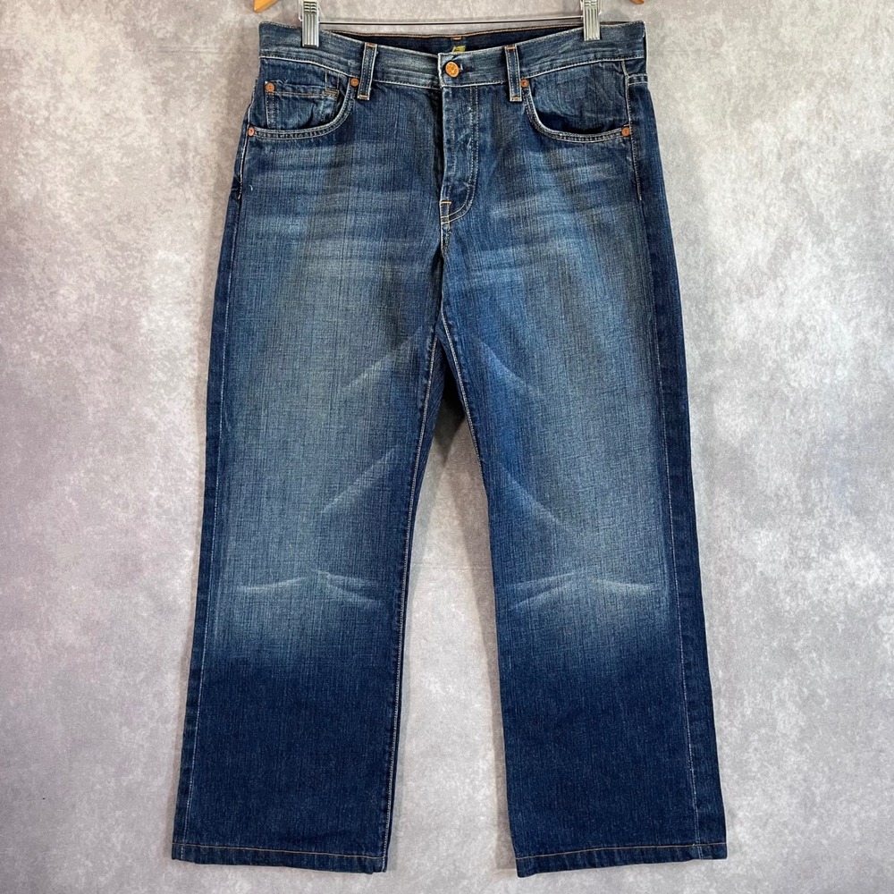 7 For All Mankind Straight Leg Jeans Mens 33 Dark Blue Whiskered Denim